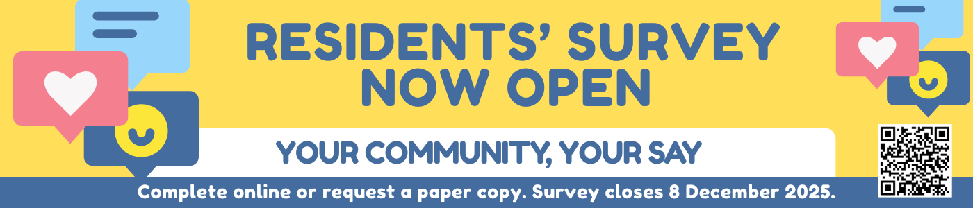 yellow blue and pink banner with text residents survey now open 