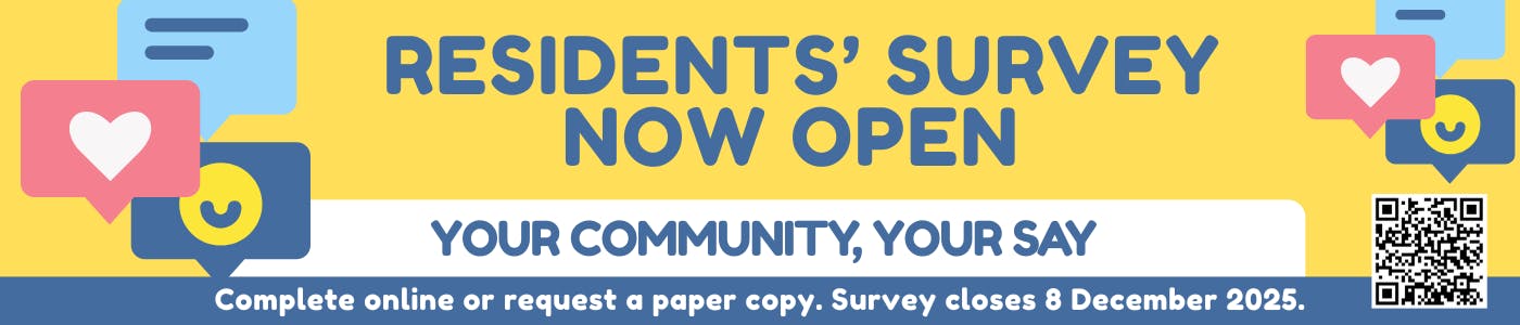 yellow blue and pink banner with text residents survey now open 