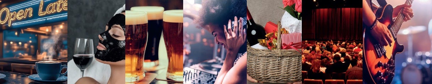 Late night coffee shop, someone having a facial with a glass of wine, pints of beer, a DJ, a hamper with wine, cinema, guitar