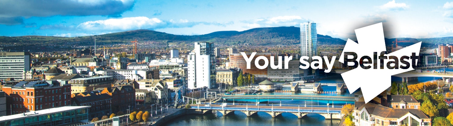 Photo of Belfast looking over the River Lagan towards Cave Hill - with Your say Belfast logo