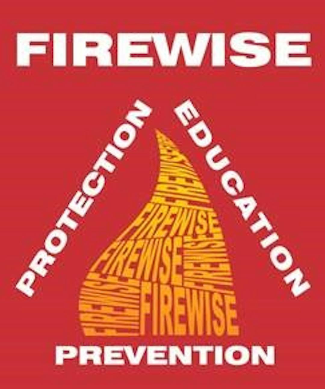 Image of logo, it reads protection, education and prevention in the shape of a triangle in white writing on a red background. In the middle of the image is the word FireWise in the shape of an orange flame. 