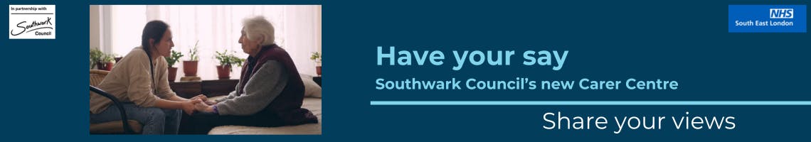 Against a dark blue background, the Southwark Council logo, the NHS Logo, a photo of a carer and patient