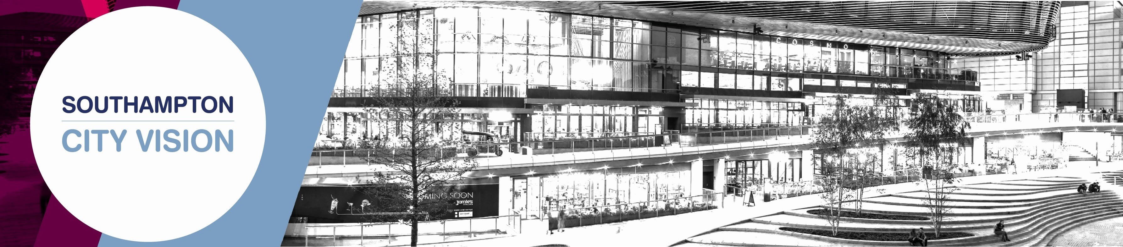Southampton City Vision. Black and white sketch of the West Quay shopping centre.
