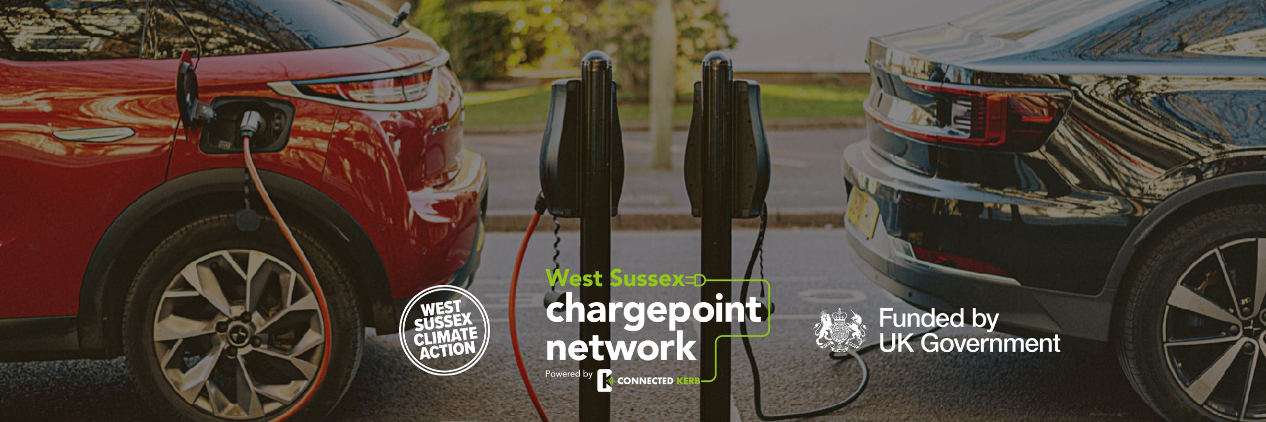 Cars charging at EV chargepoints . West Sussex Climate Action, West Susses Chargepoint Network logos. Government funded.