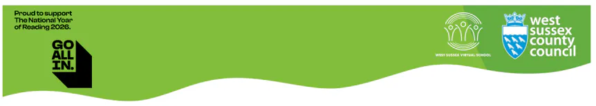 Green banner with logos for Go All In, West Sussex County Council saying Proud to support The National Year of Reading 2026