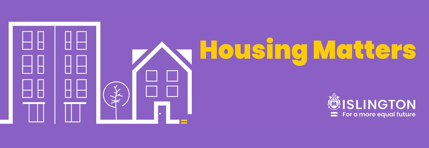 Text 'Housing Matters', a white line drawing of a house a tree and an apartment building on a purple background