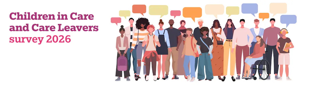 Children in Care and Care Leavers Survey 2026. A row young people, inlcuding from different ethnic backgrounds/disabilities
