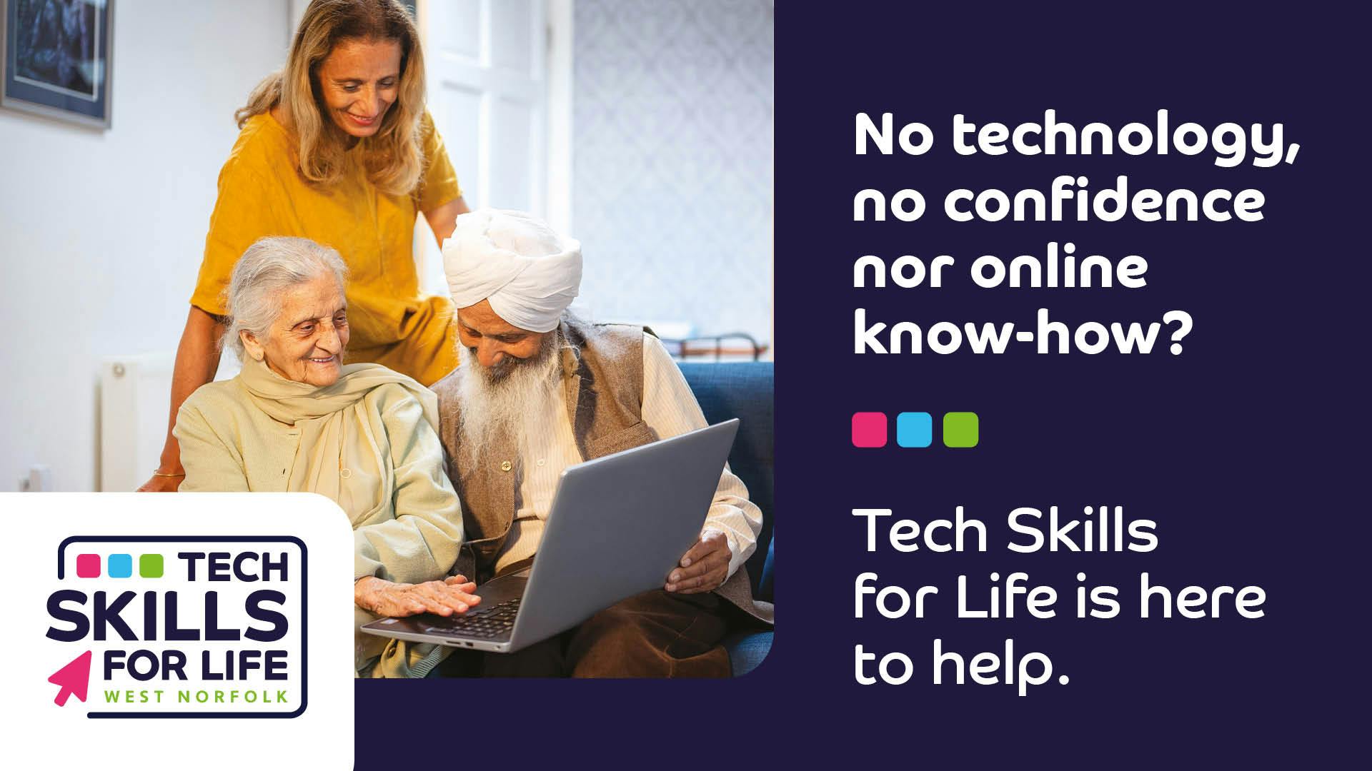 An image of an older woman and man being shown how to use a laptop computer by an affiliate of Tech Skills for Life.