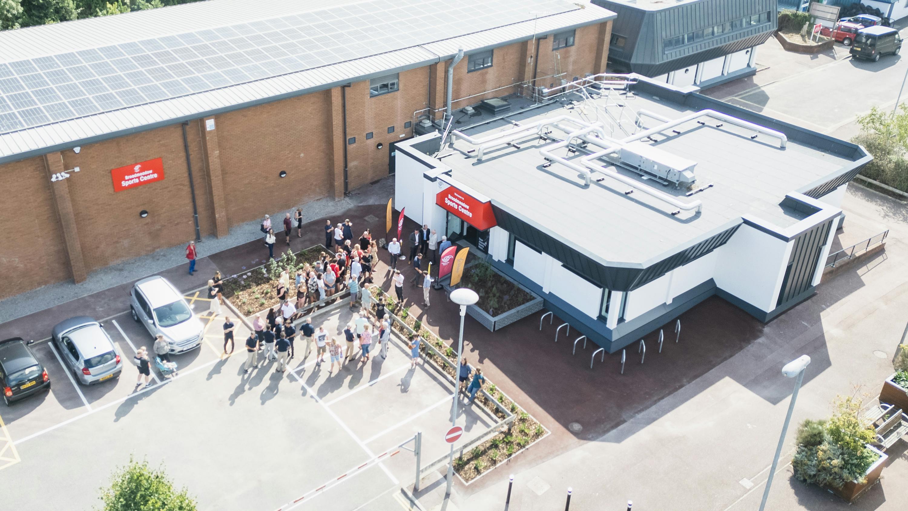 Aerial view of Broadmeadow Sports Centre with crowds outside on the opening day