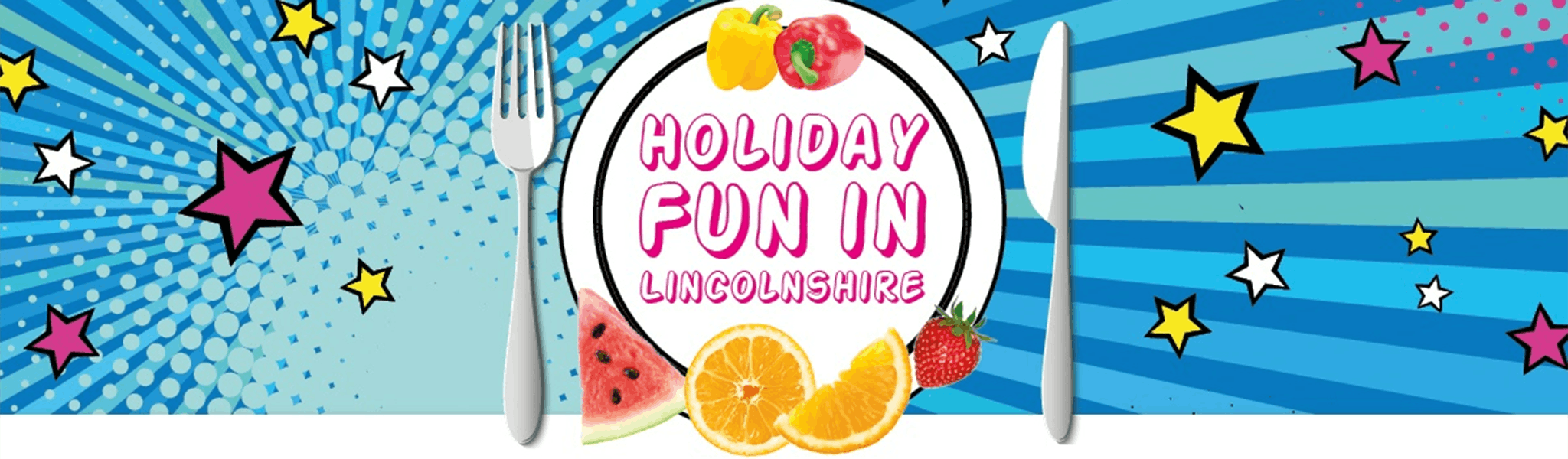 An image of a knife and fork with the writing holiday fun in Lincolnshire on a plate
