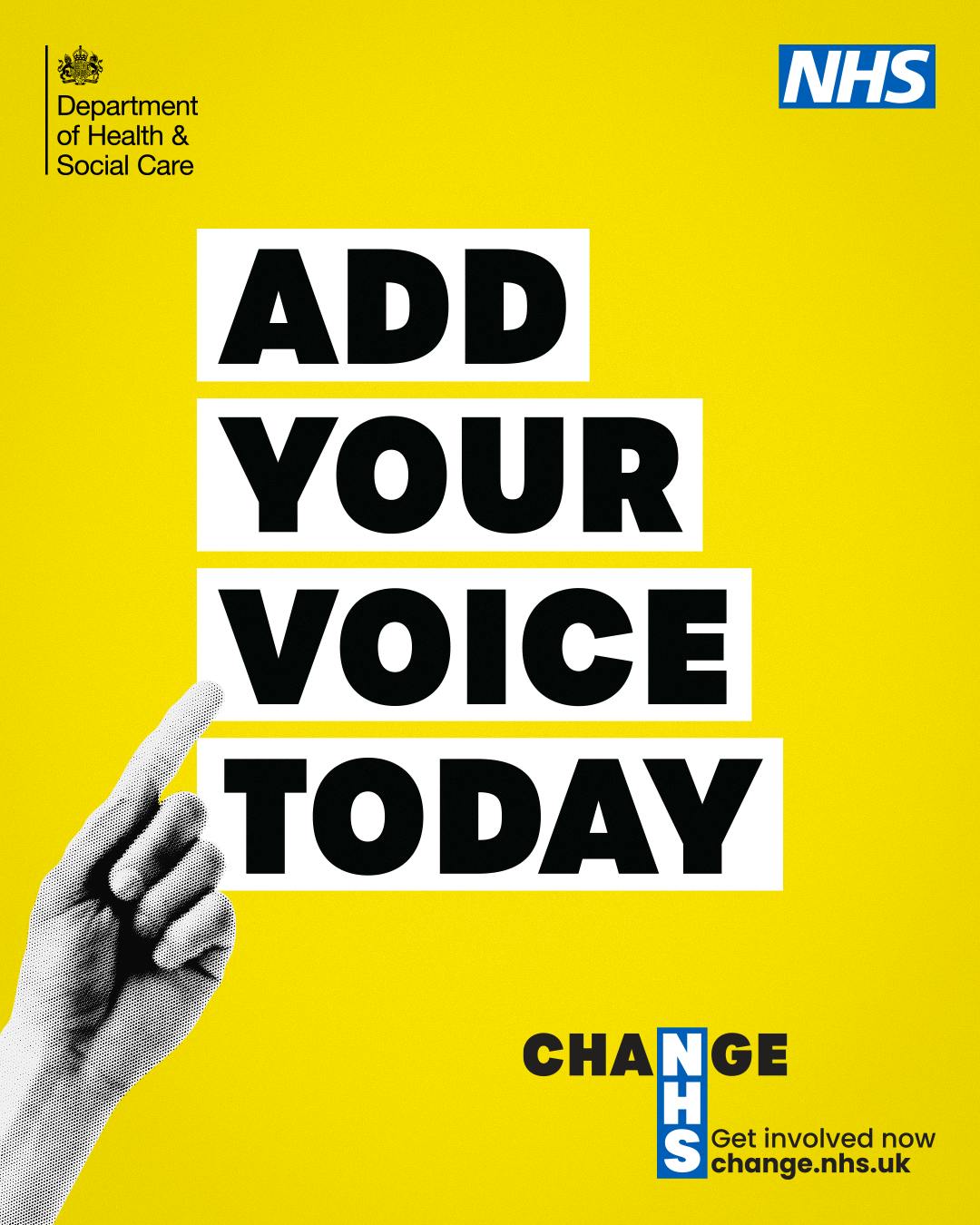 A hand with finger pointing to the text: Add your voice today