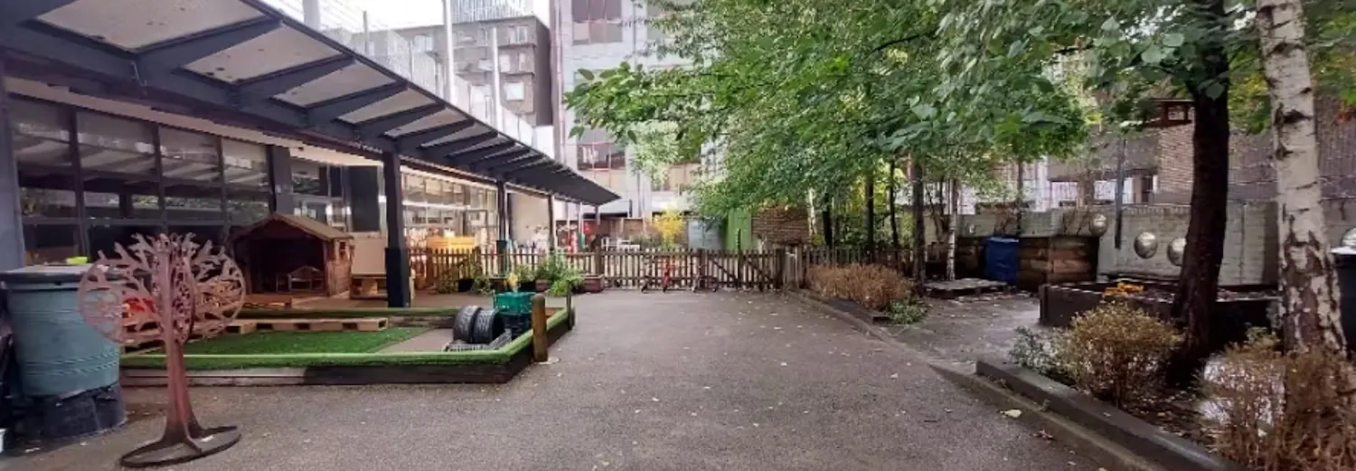 Section of the Prior Weston Primary School play area with the school building on the left.