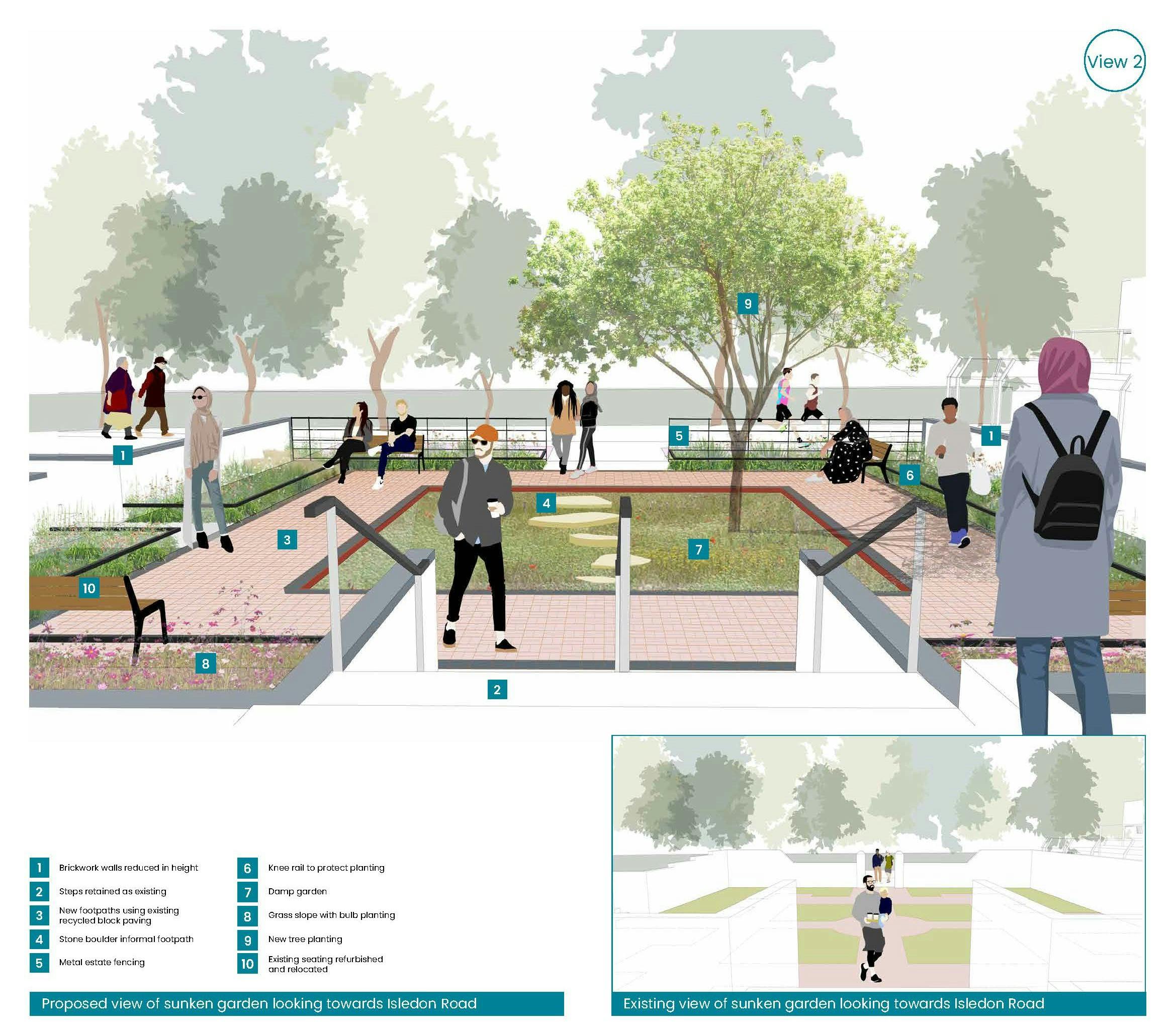 Sunken Garden: Proposed design 'View 2' - towards Isledon Road