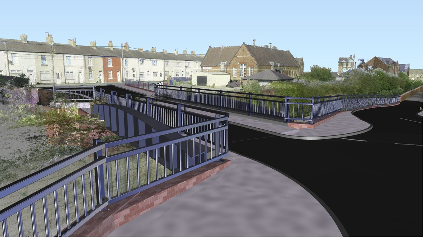 Simulated visualisation of the new bridge from Zetland Row from ground level. Looking onto the new bridge towards the Riverside Building and New Company Row