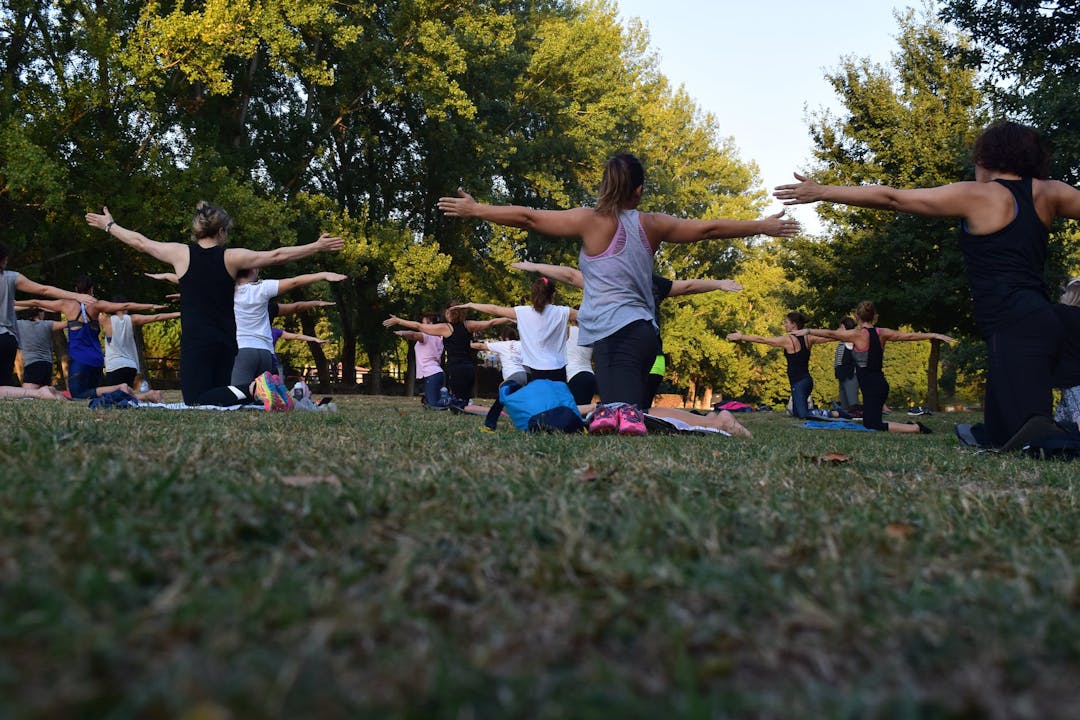 group of adults doing exercise in the outdoors