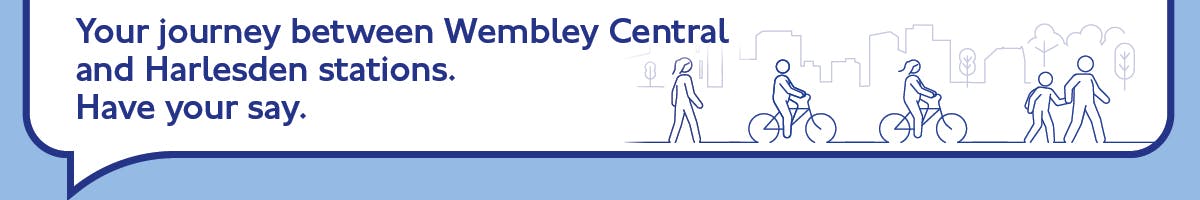 Image of people walking and cycling with the title Your journey between Wembley Central and Harlesden stations. Have your say