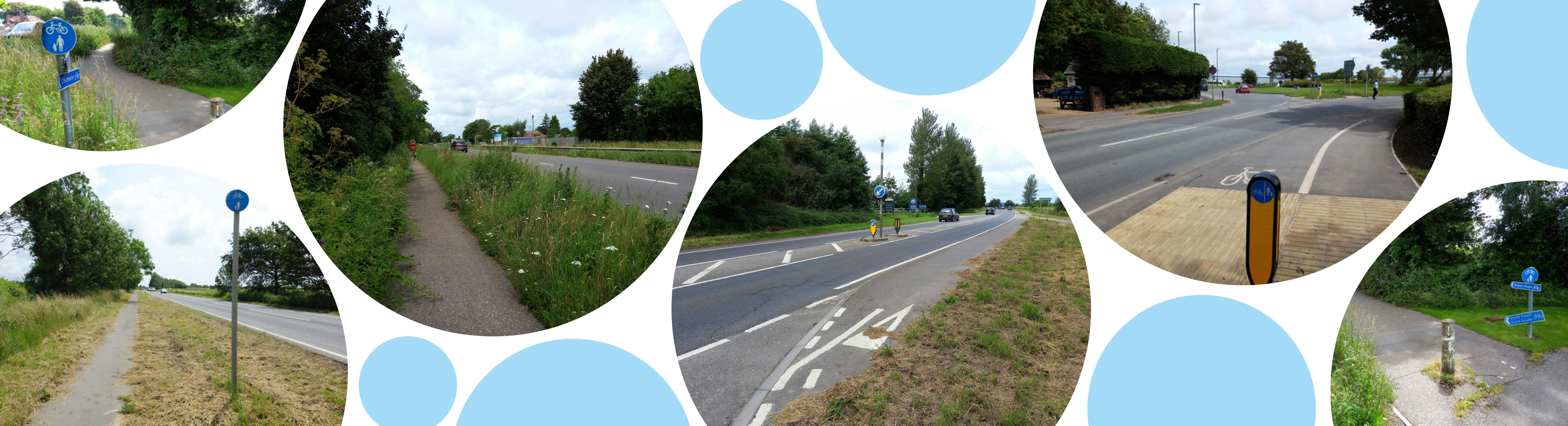 Different images of the highway, footways and cycle pathways along the A259 Chichester to Bognor Regis corridor.