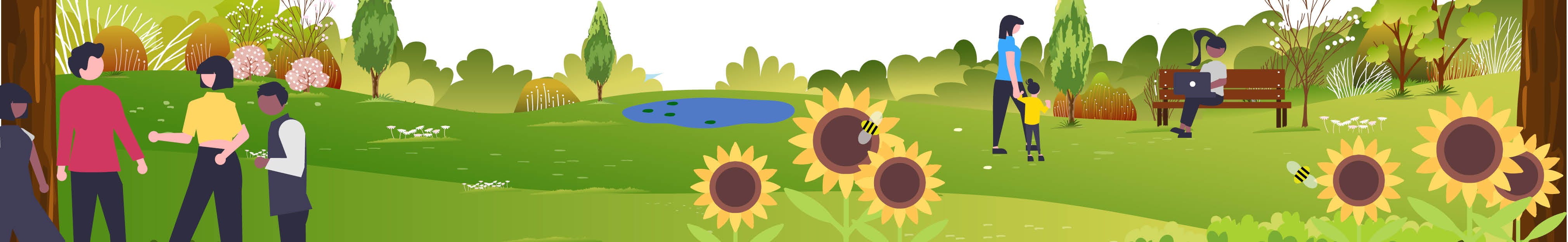 Design illustration of Heigham Park featuring a pond, people, and sunflowers.