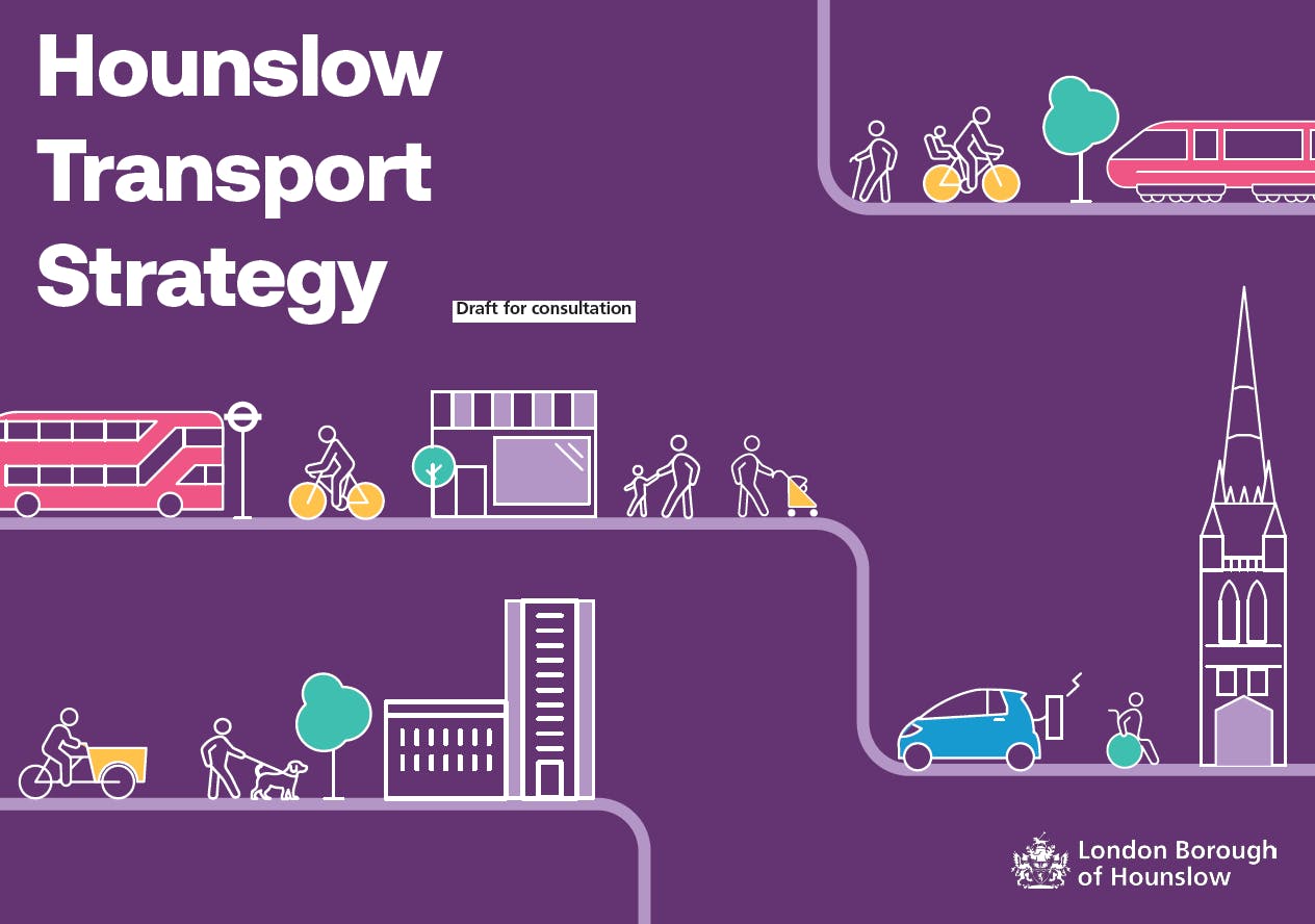 Hounslow Transport Strategy cover image with graphics of a bus, train, electric car, cargo bike, dog walker, people walking 