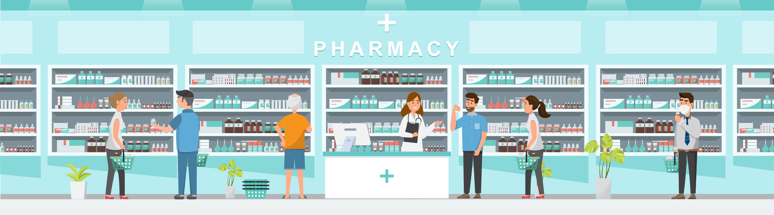 A range of customers standing in front of a pharmacy counter