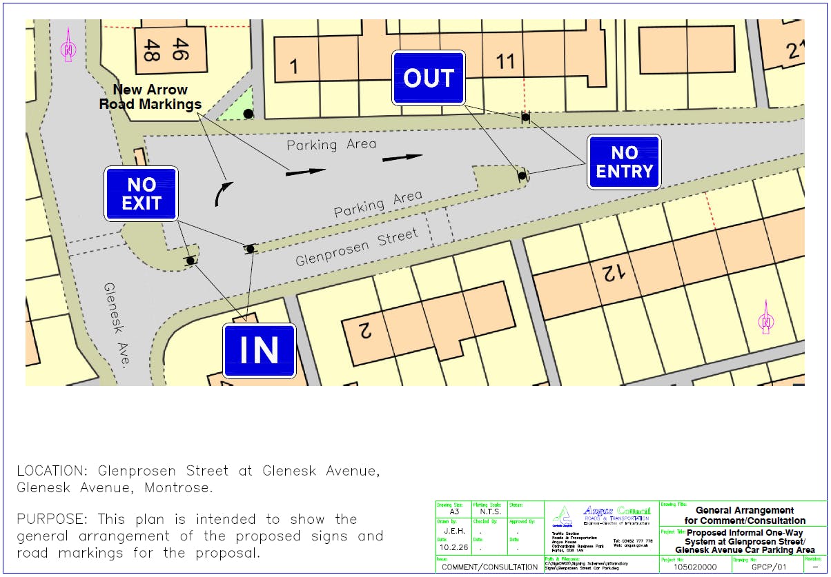 Proposed informal one-way system at Glenprosen Street/Glenesk Avenue car parking area