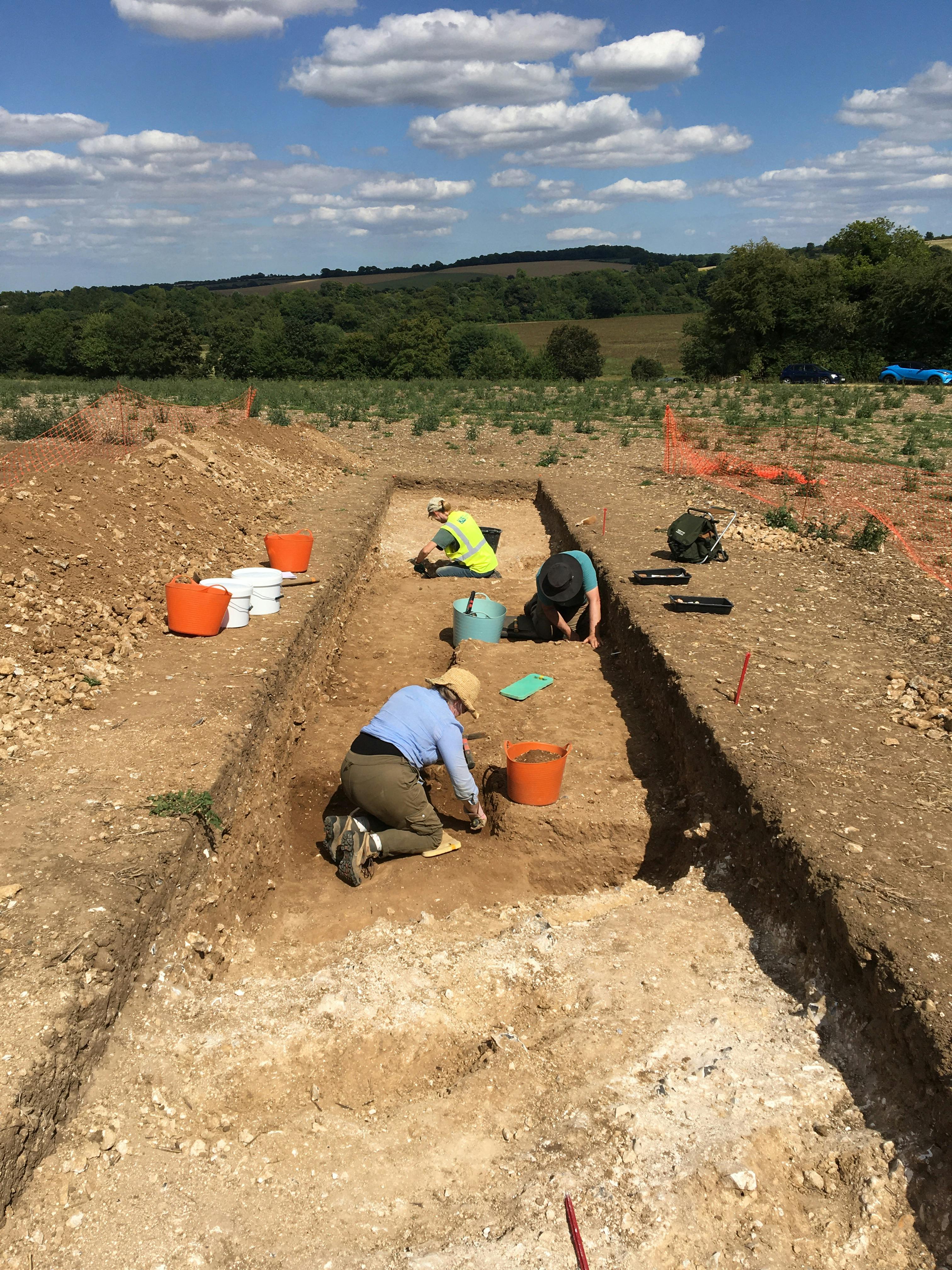 Excavating Roman chalk pit at Lullingstone Villa as part of 2020 community archaeology dig