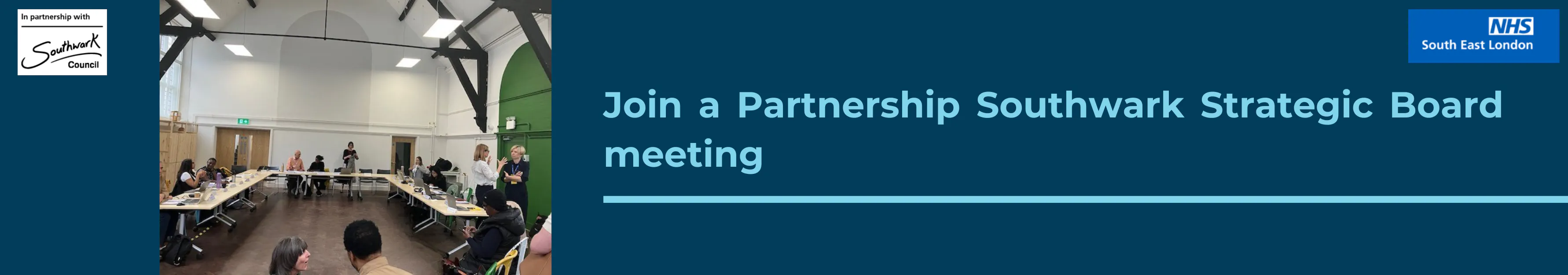 Text reads: Join a Partnership Southwark Strategic Board Meeting 
