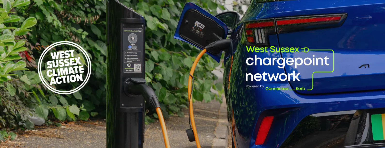 Cars charging at EV chargepoints . West Sussex Climate Action, West Susses Chargepoint Network logos. 