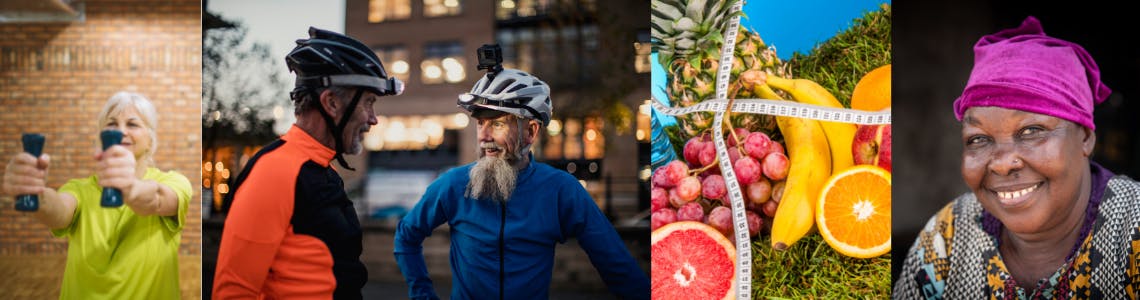 Photos of older people with mixed ethnicities: female in a gym, two older male cyclists, fruit and veg and smiling female