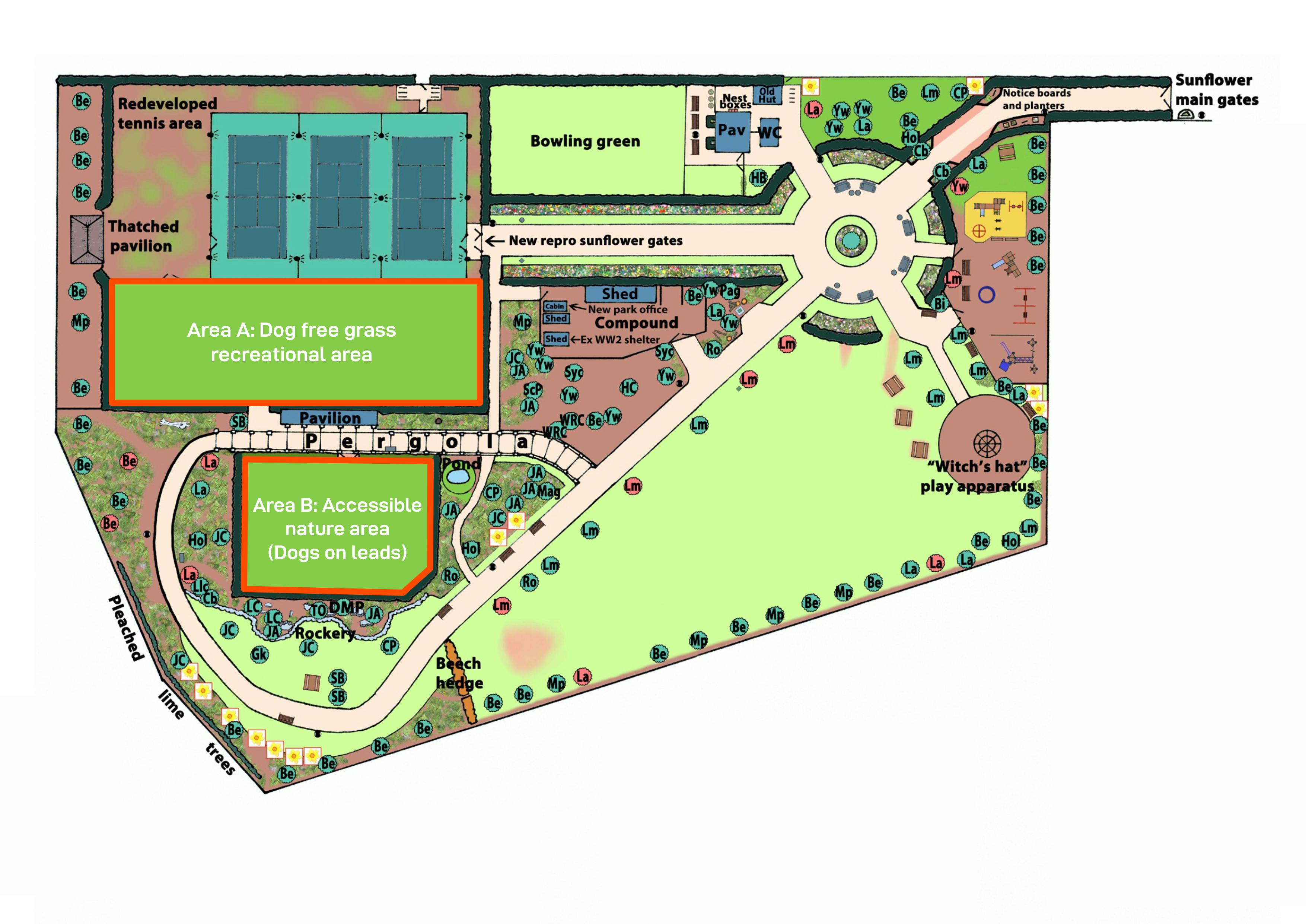 A map of Heigham Park marked with Areas A and B. Area A is just south of the tennis courts; Area B is where the old bowls green is, currently an open green space.