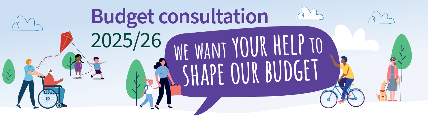 Request for people to help shape our 2025/26 budget showing illustrations of adults and children.