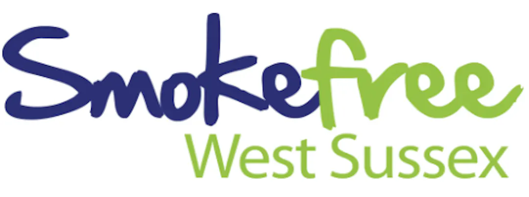 Logo with text 'Smokefree West Sussex' in blue and green, promoting a smoke-free partnership.