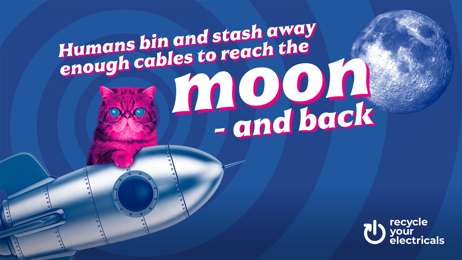 An image saying "Humans bin and stash away enough cables to reach the moon and back