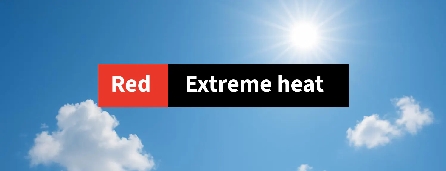 Blue sky with sun shining brightly and text box which reads "Red Extreme Heat"