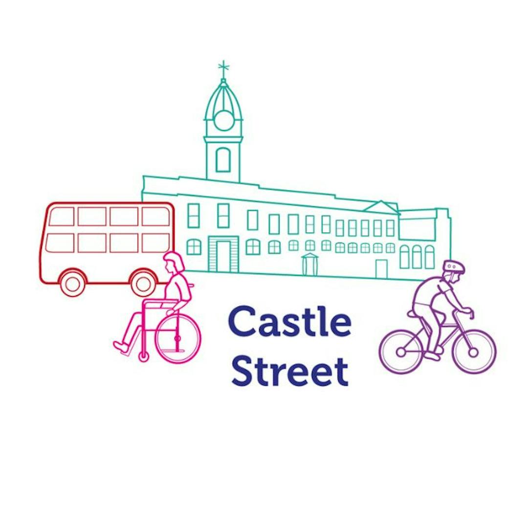 Drawing of Sheffield's Old Town Hall. A cyclist, a bus and a person using a wheelchair and 'Castle Street' are in front. 
