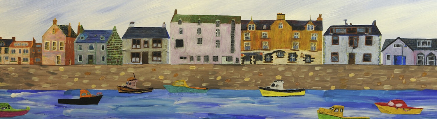 Drawing showing houses at a harbour with boats in the water