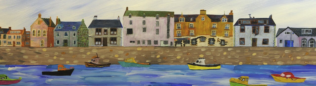 Drawing showing houses at a harbour with boats in the water