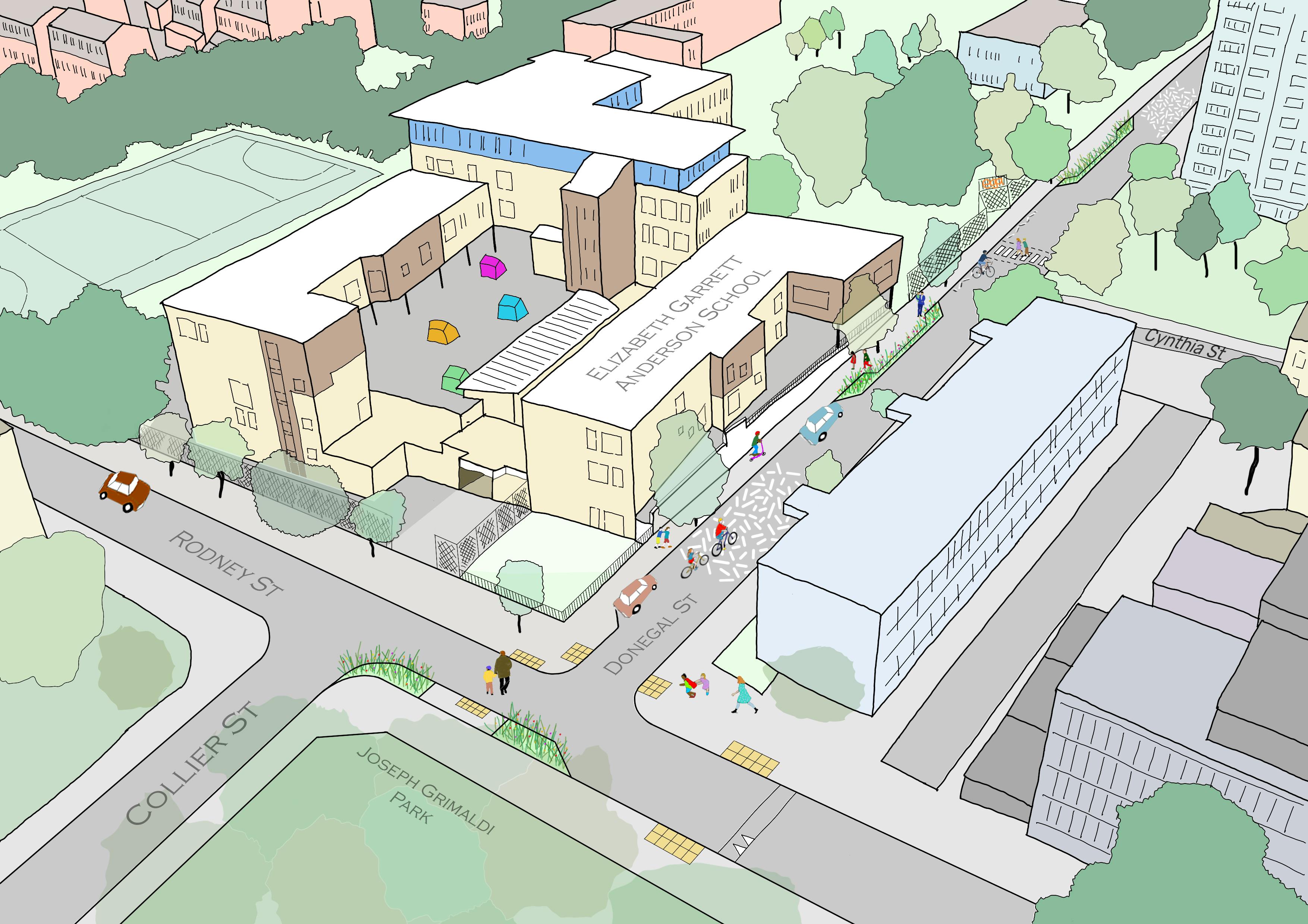 Birds Eye view of EGA School Street improvements