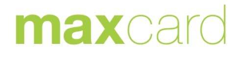 Colour image showing the words max card in green on a white background