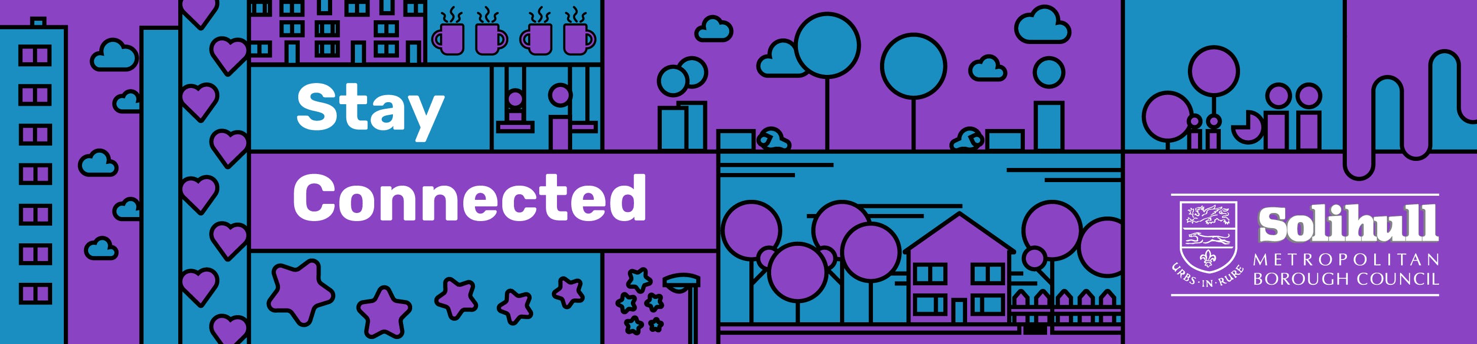 A purple and blue Stay Connected banner with images of houses and parks and the SMBC logo.