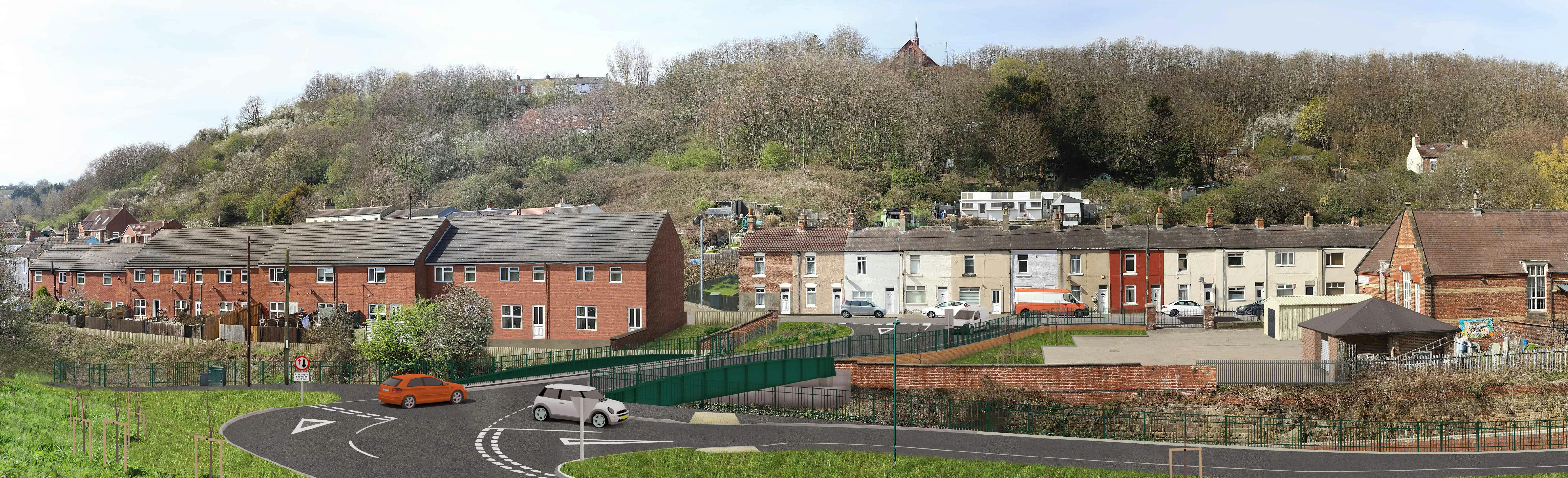  Simulated visualisation of the new bridge from Zetland Row from ground level. Looking onto the new bridge towards New Company Row and the Riverside Building.