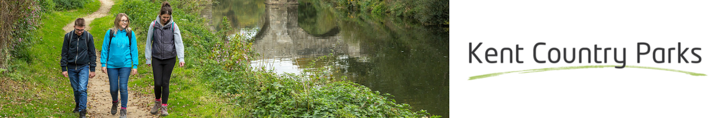Two adults and two children looking down into a pond with the Kent Country Parks logo alongside.