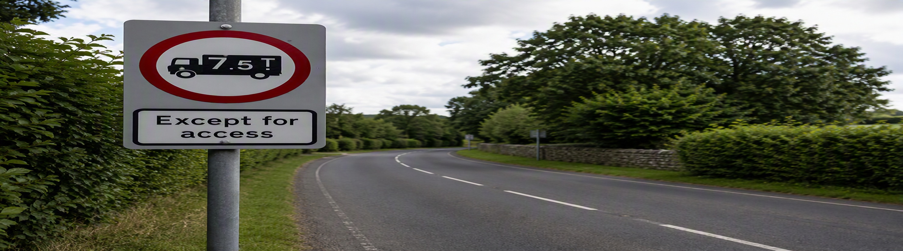 Photo of a 7.5 tonne weight limit (Except for access) sign next to a bending rural road.