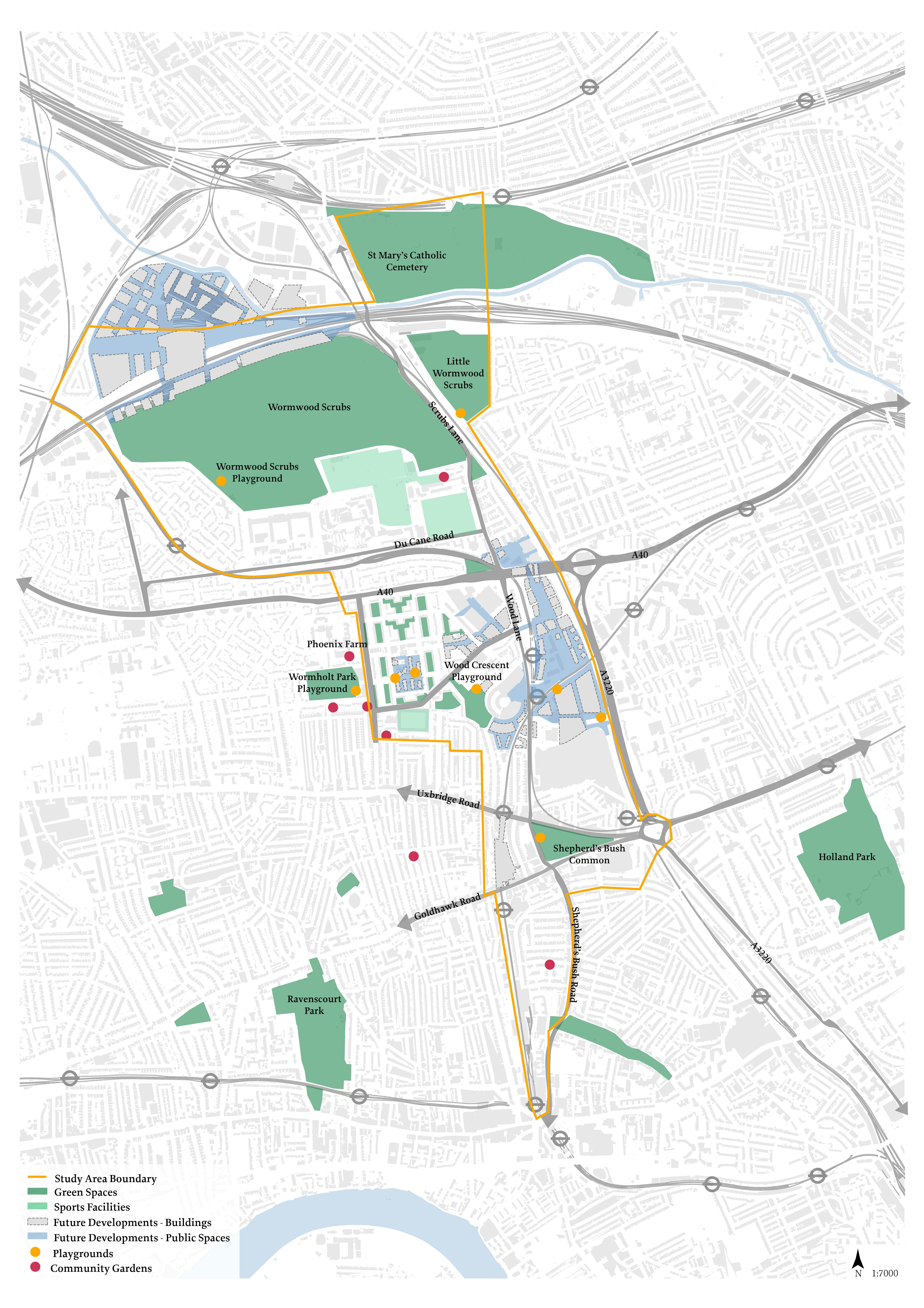Map of the area with playgrounds and community garden marked on it