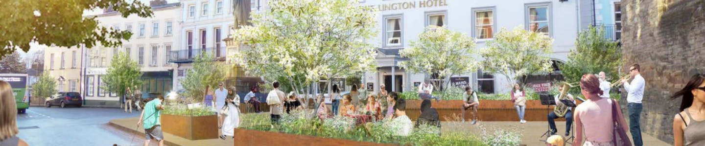 Illustration of people enjoying potential improvements to Brecon town centre, including seating and greenery.