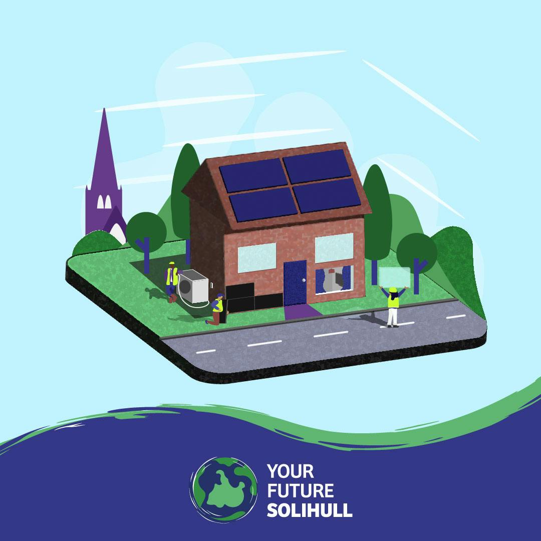 A graphic of a house with various retrofit features and the Your Future Solihull logo