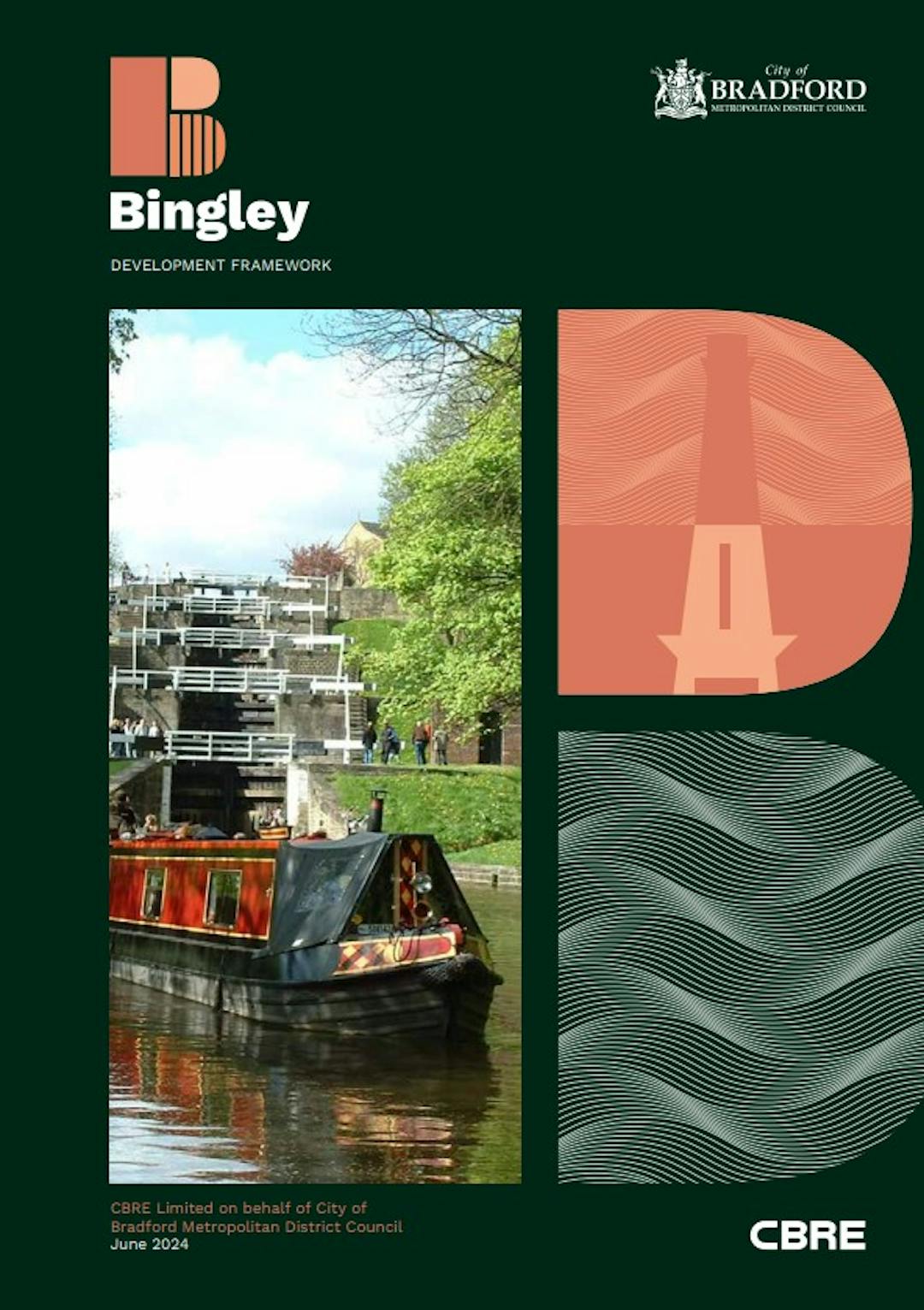 An image of Bingley 5-Rise Locks, alongside a graphic representation of the Damart chimney and of water and hills