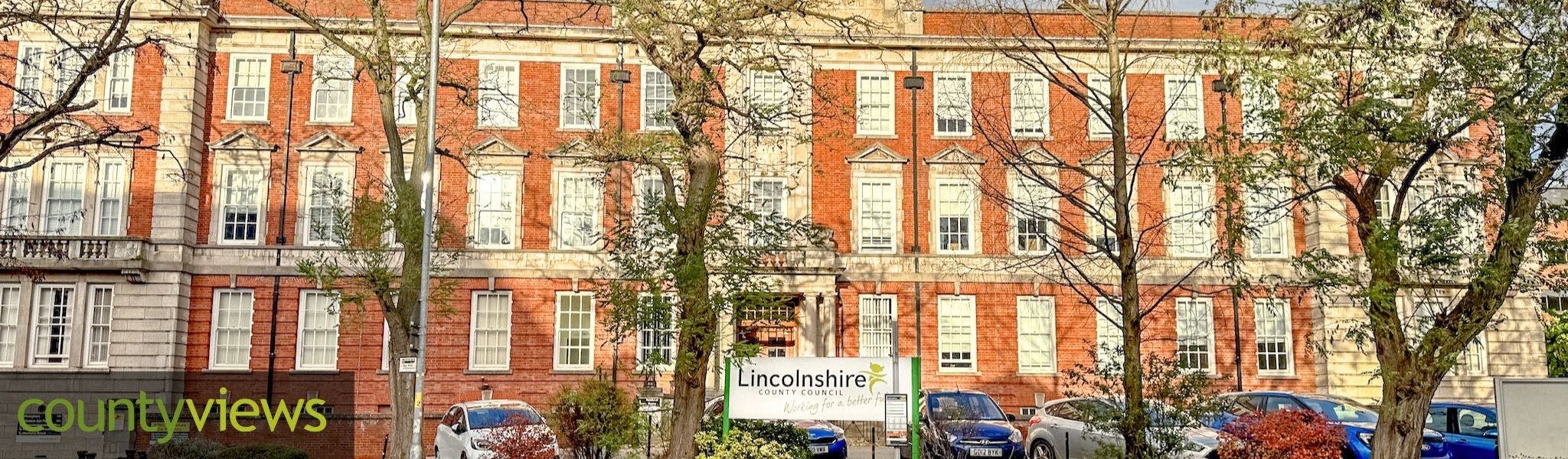 An image of County Offices in Lincoln, the main office building for Lincolnshire County Council, with the County Views logo