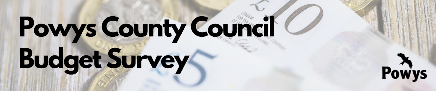 Pound coins and ten and five pound note, with 'Powys County Council Budget Survey' and the Powys logo in front