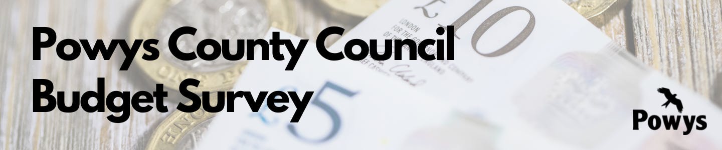 Pound coins and ten and five pound note, with 'Powys County Council Budget Survey' and the Powys logo in front